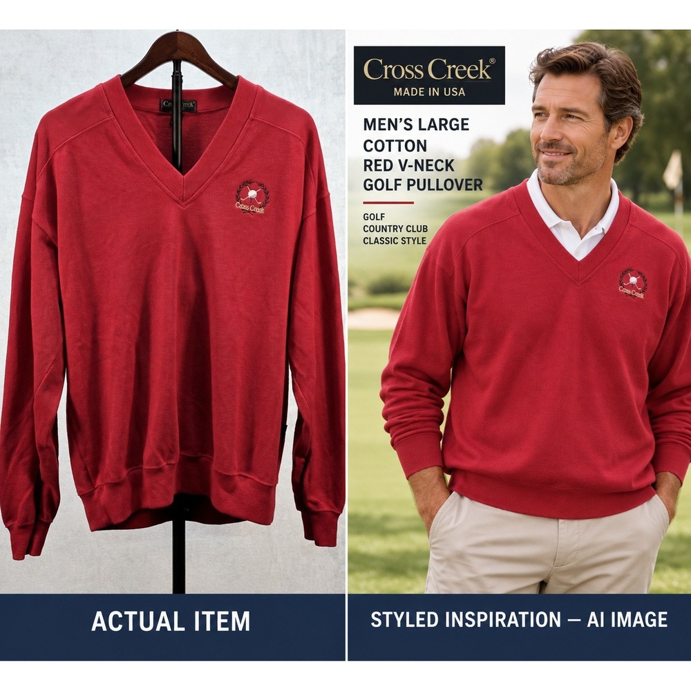 VTG Cross Creek Men's L V-Neck‎ Golf Sweater Red Cotton Knit USA Made